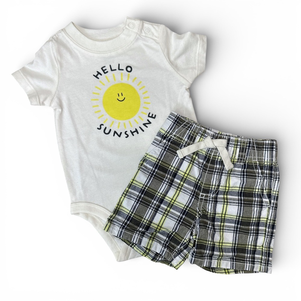 Gymboree Bodysuit and Plaid Shorts Set Baby Boy 6-12M White Green Summer Outfit